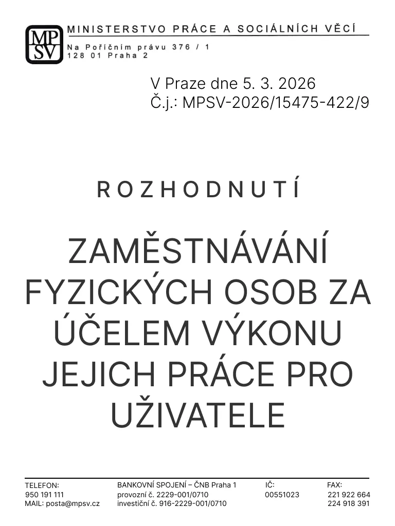 Decision of the Ministry of Labour and Social Affairs – employment of individuals for work at a user